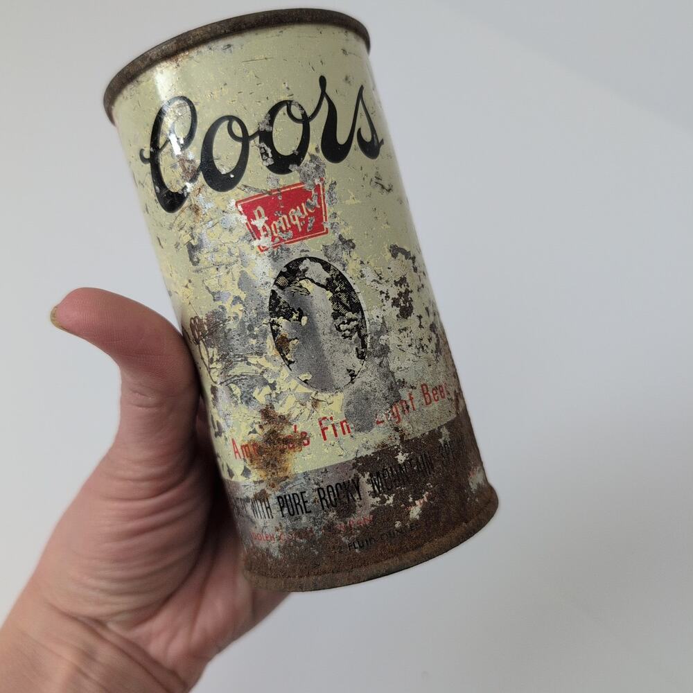 Vintage 1950s Coors Beer Can Tin Rusty Collector Golden Flat Top Man Cave Rustic